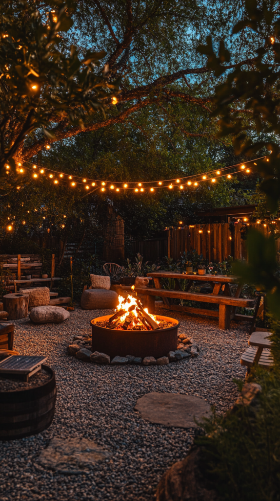 Feuerstelle im Garten mit Lichterkette und Solarleuchten bei Nacht.