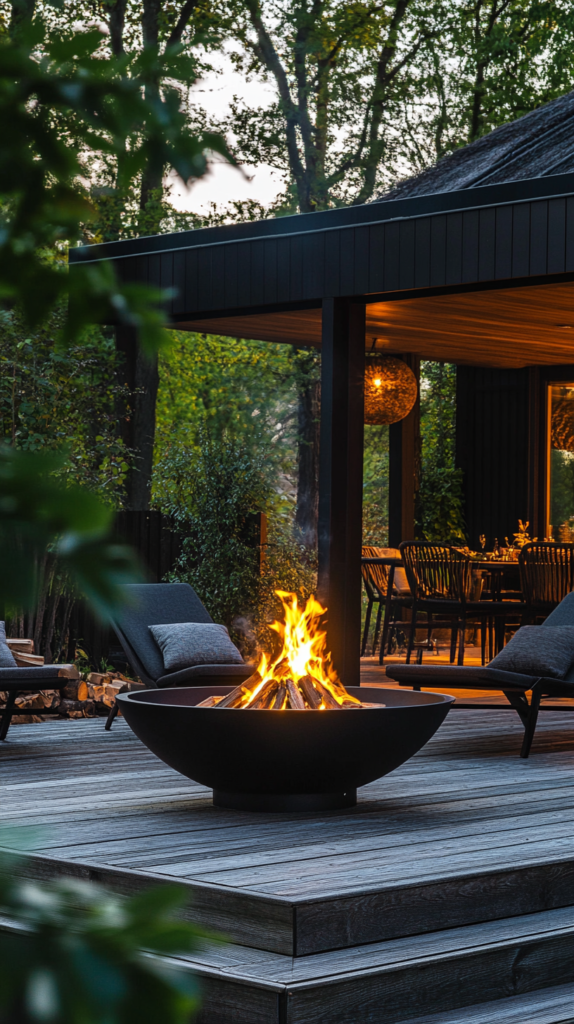 Mobile Feuerschale auf Holzterrasse mit Gartenmöbeln.