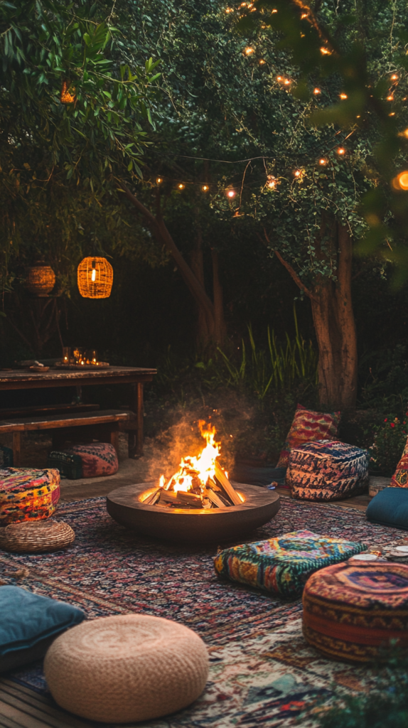 t: Boho-Garten mit Feuerstelle, bunten Teppichen und Kissen.