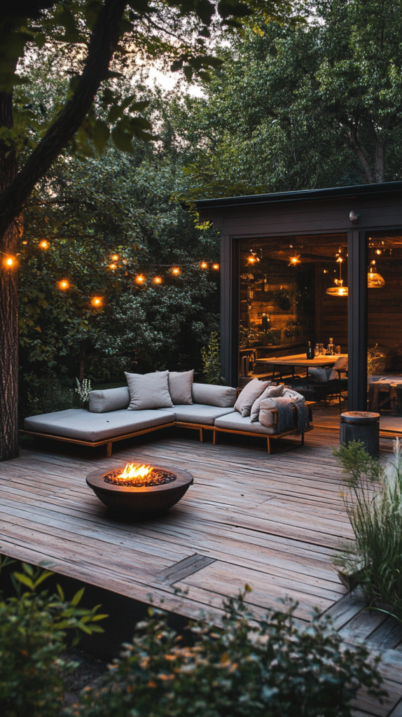Feuerschale auf Holzdeck mit modernen Loungemöbeln im Garten.