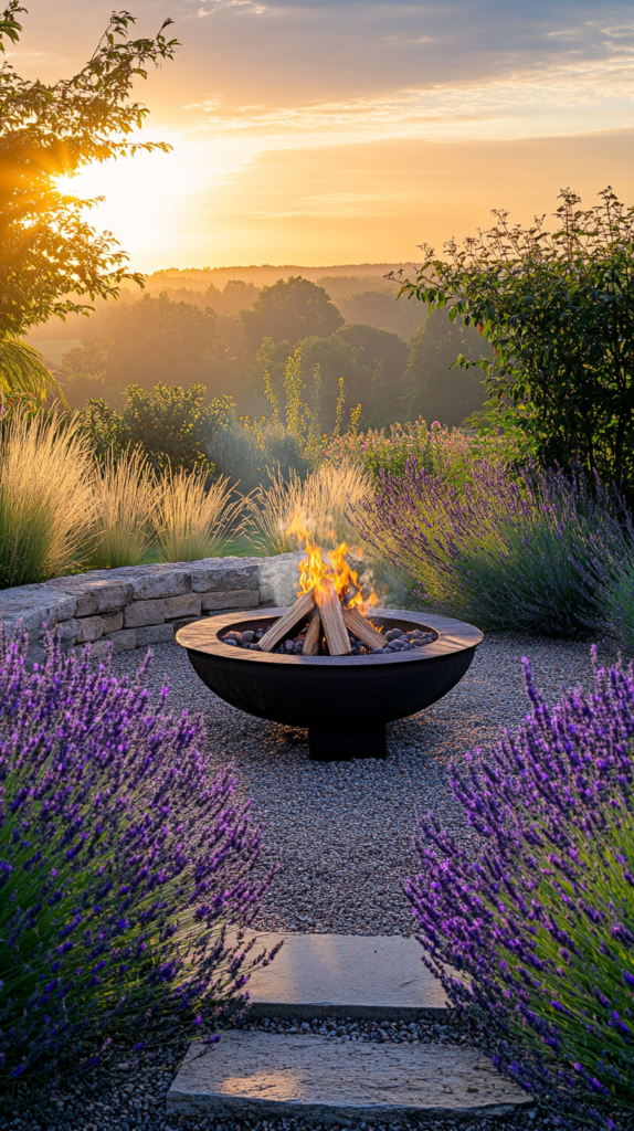 Feuerstelle im Garten von Lavendel und Ziergräsern umrahmt.