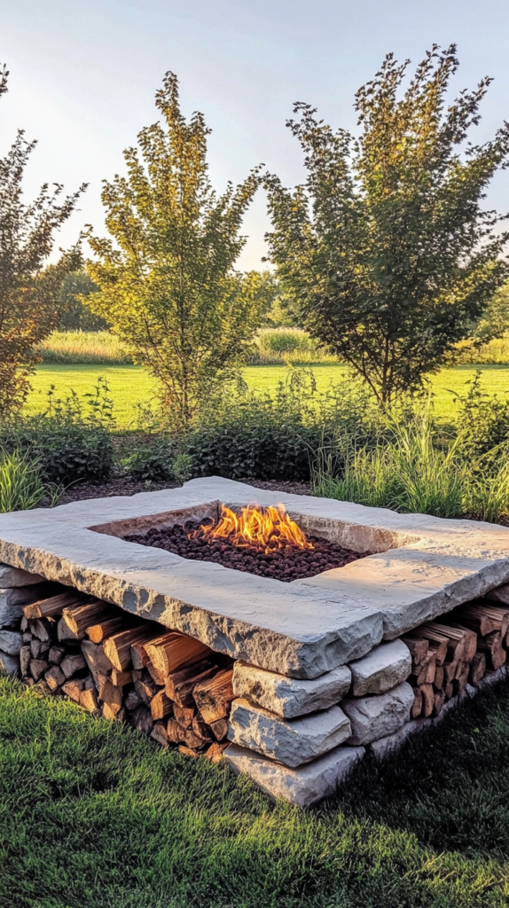 Feuerstelle mit gemauerter Sitzbank und integriertem Holzlager im Garten.