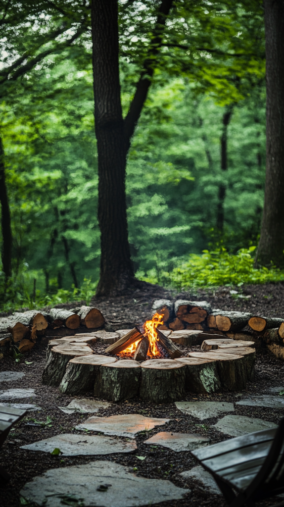 Rustikale Feuerstelle im Garten mit Sitzplätzen aus Baumscheiben.