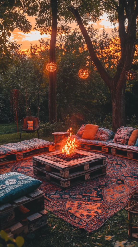 Palettenlounge um Feuerstelle mit bunten Kissen und Bohostil.
