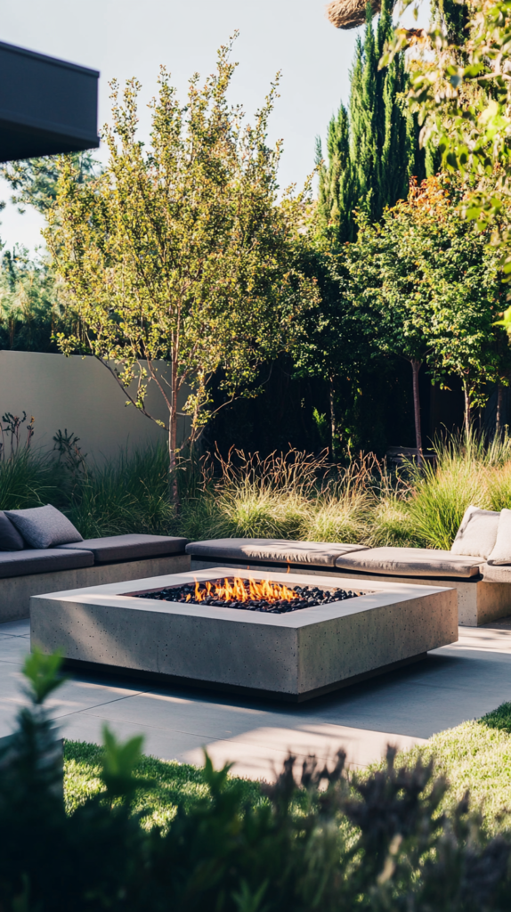 Moderne Beton-Feuerstelle mit schlichtem Sitzbereich im Garten.