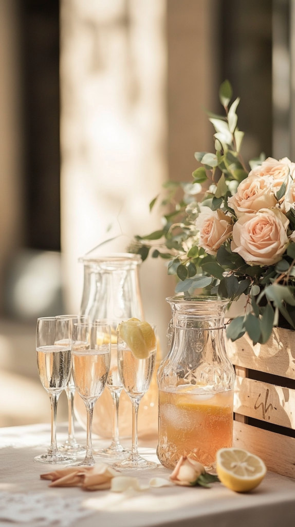 Kleiner Sektempfang mit Sektgläsern, Limonade & Blumen vor dem Standesamt.