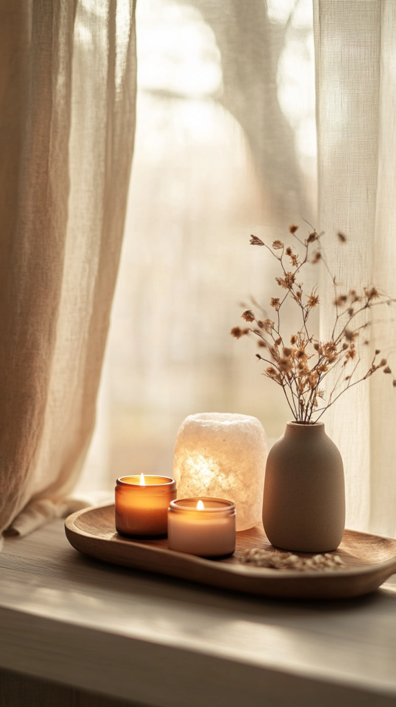 Helles Yogaecke mit Salzkristalllampe, Kerzen und Leinenvorhängen bei Tageslicht.