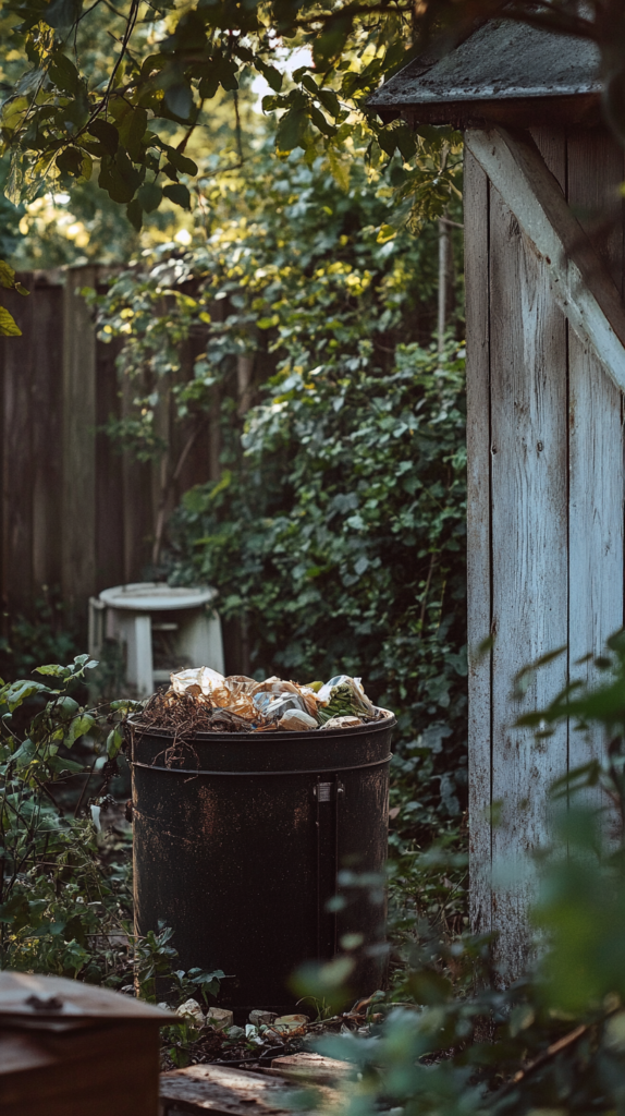 Komposthaufen mit Gartenabfällen & Kind beim Befüllen – nachhaltiger Gartenalltag.