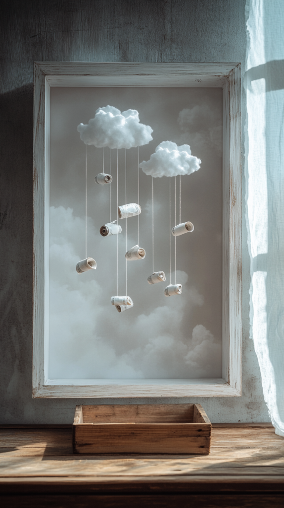 Bilderrahmen mit Papierwolken & fallenden Geldscheinen – Geldregen als Hochzeitsgeschenk.