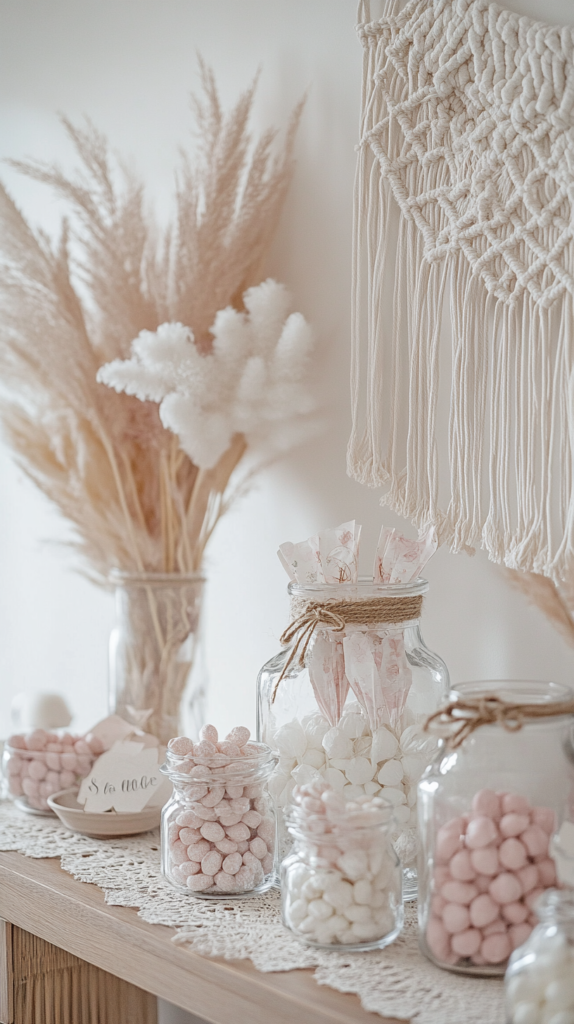 : Boho-Candybar mit Makramee, Bonbongläsern & sanfter Farbpalette.