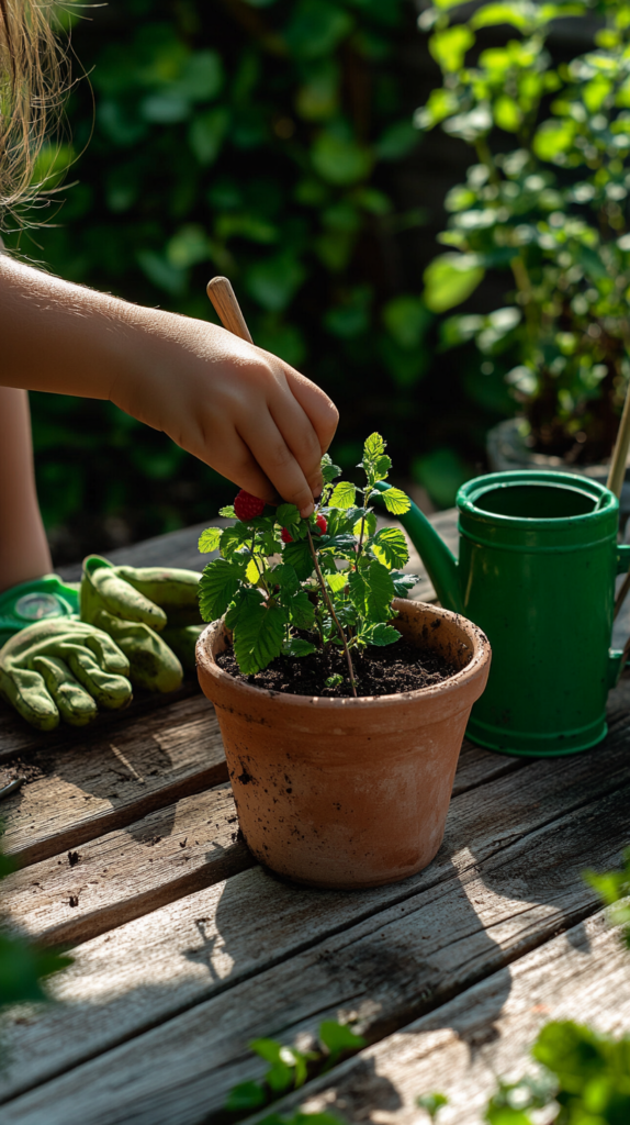 Kind pflanzt Himbeere in Terrakottatopf mit Handschuhen & Gießkanne im Garten.