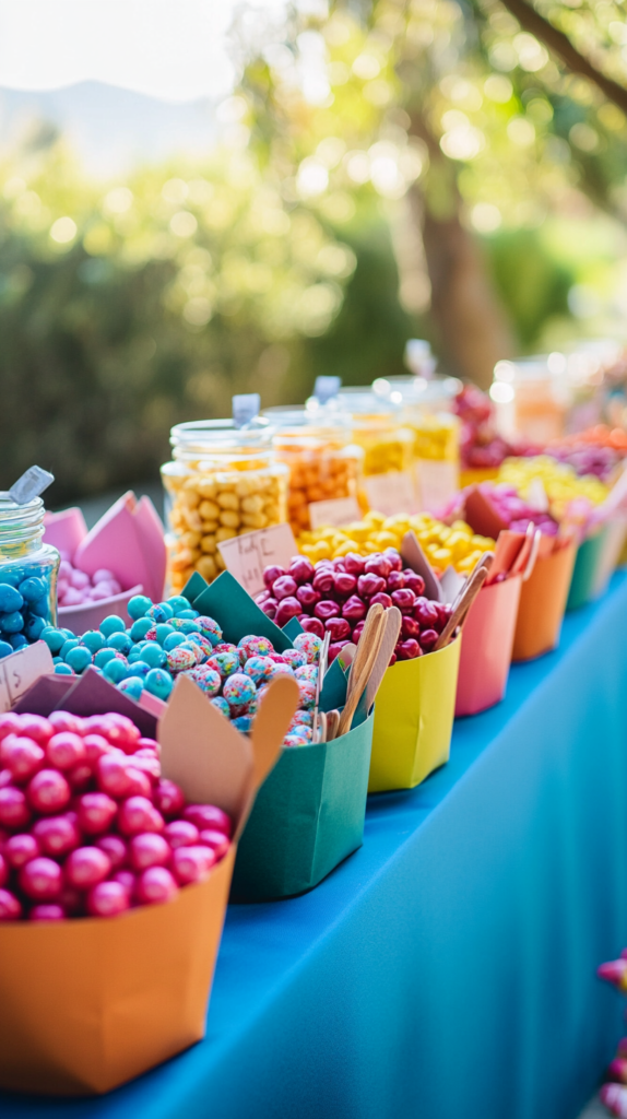 Pick and Mix Station mit bunten Süßigkeiten, Papiertüten & kleinen Schaufeln.