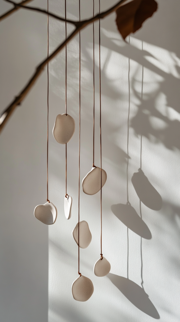 : DIY-Tonanhänger in organischen Formen auf Lederband vor strukturierter Wand.