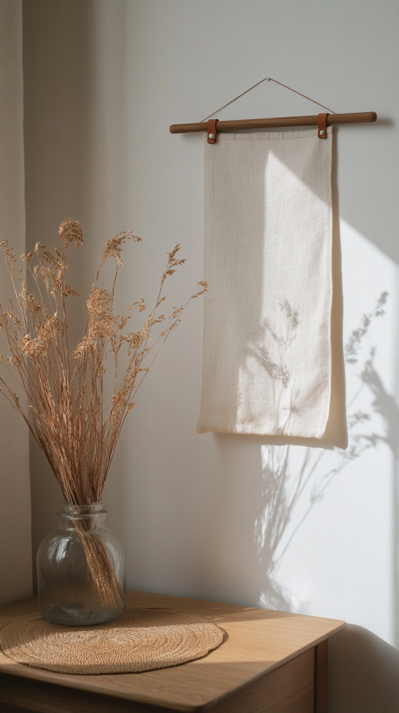 Leinen-Wandbanner mit handgeschriebenem Spruch an Holzstab und Lederband auf heller Wand.
