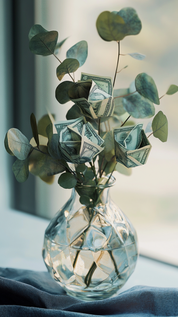 DIY-Geldblumen aus Scheinen in Glasvase mit Eukalyptus.