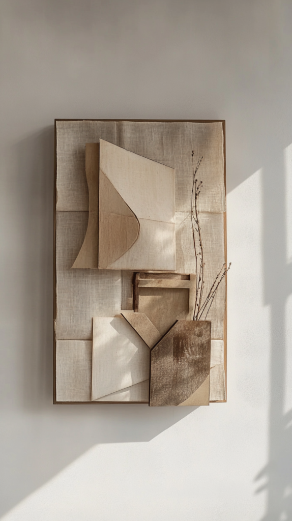 Leinenstoffe in geometrischen Formen auf Holzplatte als Wanddeko arrangiert.