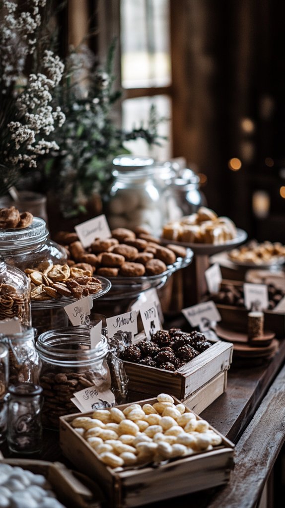 DIY-Candybar mit personalisierten Etiketten & rustikaler Holzkisten-Deko.