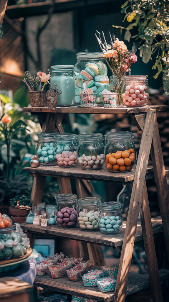 Candybar auf Leiter-Regal mit Bonbongläsern & pastellfarbener Deko.