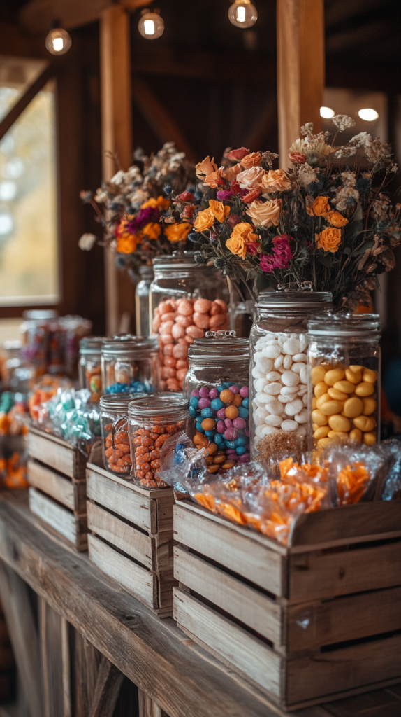 Candybar in gestapelten Holzkisten, dekoriert mit Blumen & Süßigkeiten.