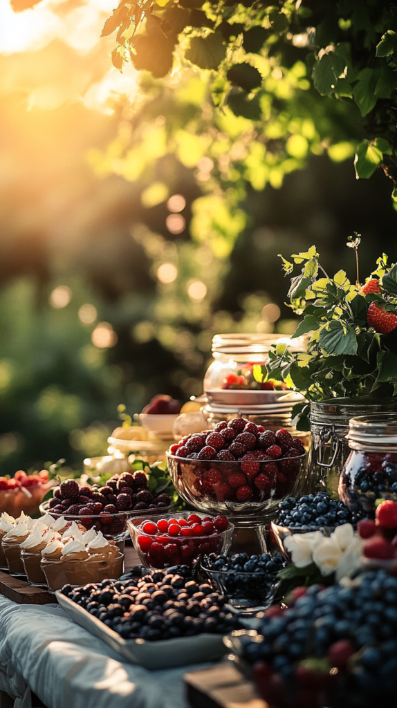 Saisonale Candybar mit frischen Beeren, Schokofrüchten & natürlicher Blumendeko.