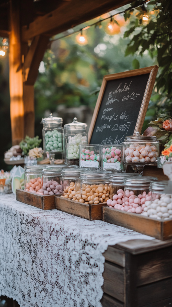 Candybar im Vintage-Stil mit Holzboxen, Spitzenstoff & Bonbongläsern in Pastellfarben.