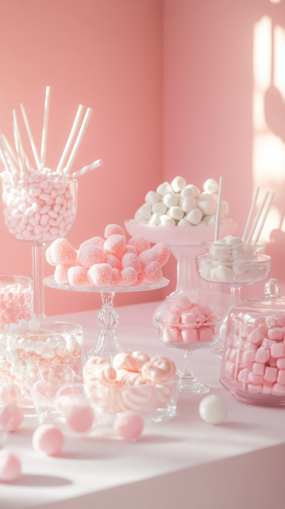 Farblich abgestimmte Candybar in Rosa & Weiß mit passenden Dekoelementen.