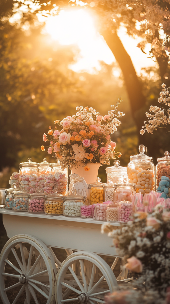 Weißer Candywagen mit Blumen & Gläsern voller Süßigkeiten.
