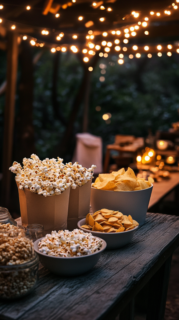 Snack-Station mit Popcorn, Chips & Lichterkette – gemütliche Abendstimmung.