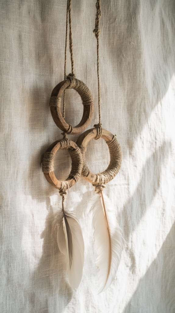 Holzring mit Jute, Federn & Perlen – skandinavischer Wandhänger im Boho-Look.