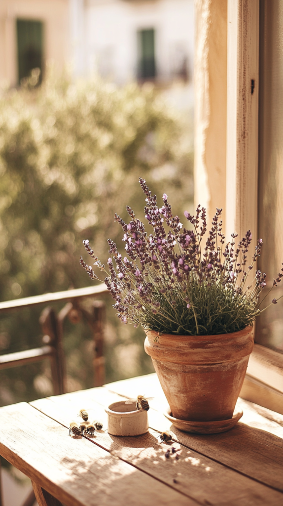 Lavendel im Terrakottatopf auf sonnigem Balkon mit mediterraner Atmosphäre.