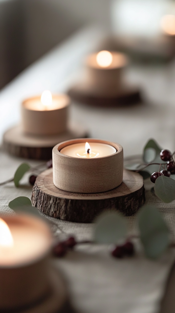 Kerzenständer aus Holzscheiben mit Naturkerzen und Deko aus Eukalyptus auf Leinentischläufer