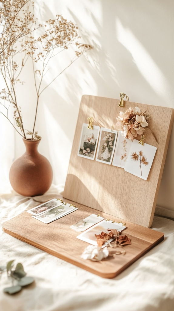 Helles DIY-Memoboard mit Klammern, Fotos und Blättern auf Leinentuch im Pinterest-Stil.
