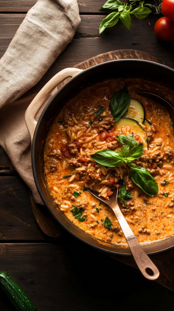 One Pot Gericht mit Orzo, Hackfleisch, Zucchini und Tomatensoße in beigem Topf, angerichtet auf rustikalem Holztisch.