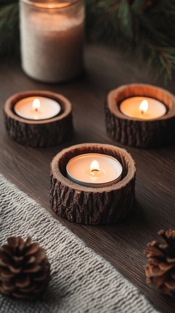 Teelichthalter aus runden Holzscheiben mit Naturkante, dekoriert mit Moos und Kerzenschein auf Holzuntergrund.