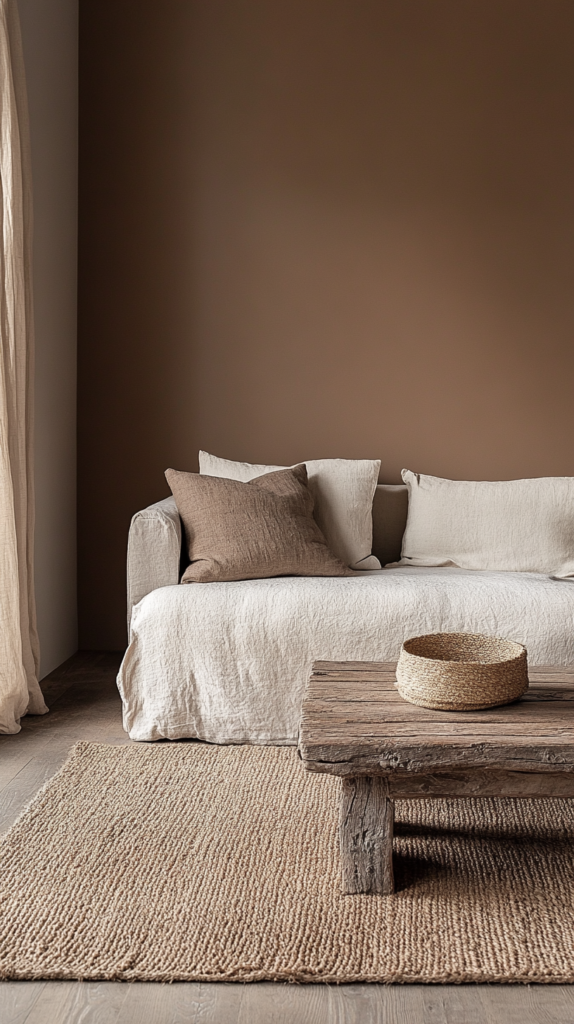 Wohnzimmer mit lehmbrauner Wandfarbe, Juteteppich und rustikalem Couchtisch.