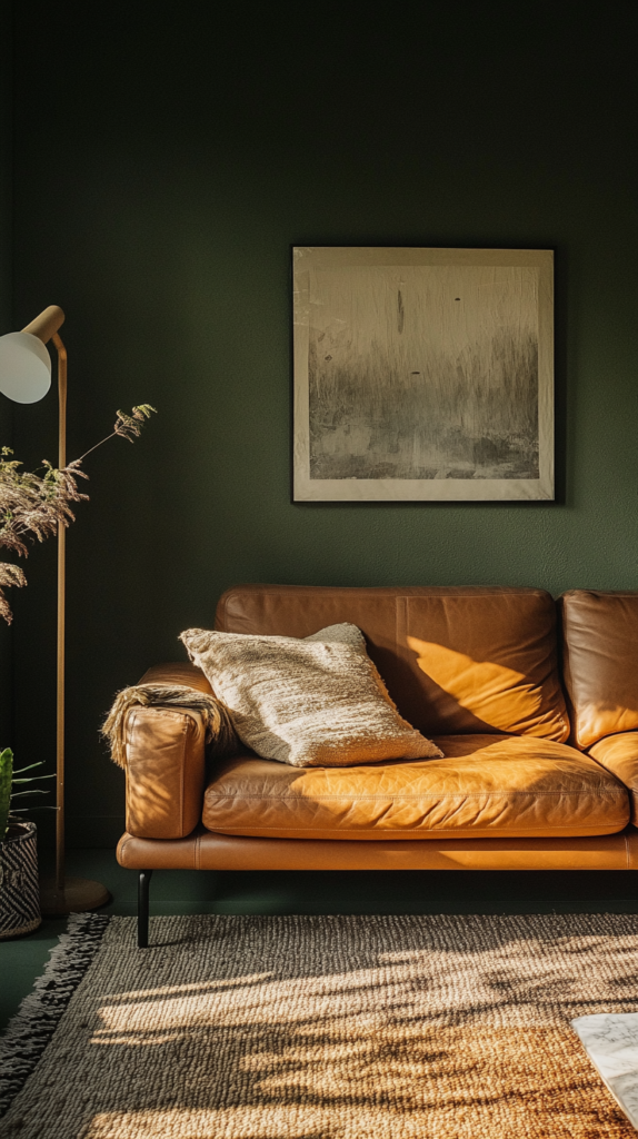 Wohnzimmer mit dunkelbrauner Wand, cremefarbenem Sessel und Messingdetails.