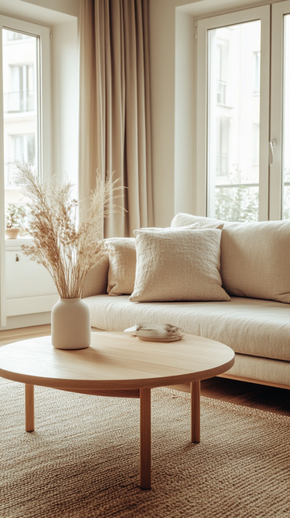 Wohnzimmer mit sandbeiger Wandfarbe, Leinen-Sofa und Holzdetails im Japandi-Stil.