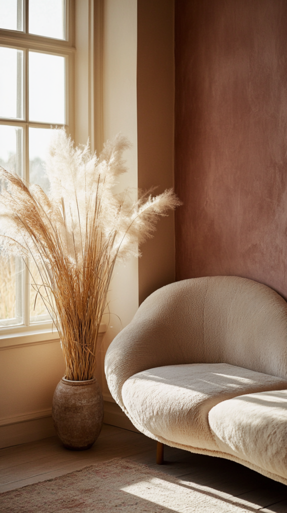 Wohnzimmer mit altrosafarbener Wand, Samtsofa und Trockenblumen im romantischen Stil.