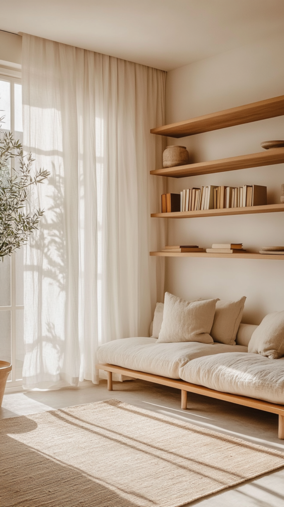 Wohnzimmer mit cremeweißer Wandfarbe, Eichenregal und Leinentextilien.