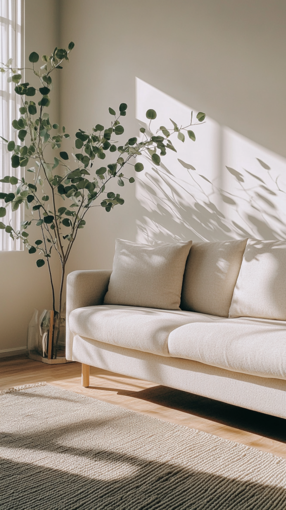 Wohnzimmer mit puderbeiger Wandfarbe, hellem Sofa und Eukalyptusstrauß.