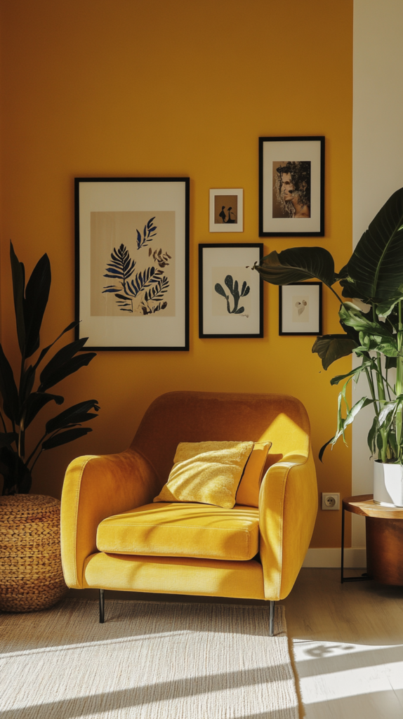 Wohnzimmer mit senfgelber Wand, Samtsessel und Boho-Elementen.