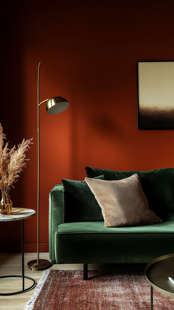 Wohnzimmer mit rostroter Akzentwand, grünem Samtsofa und Messingleuchte.
