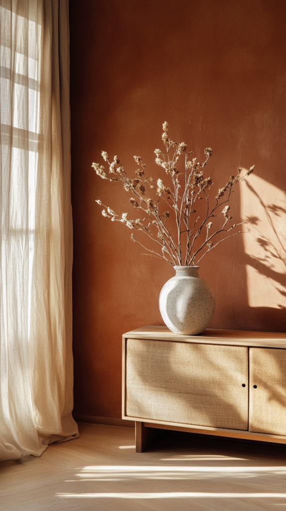 Wohnzimmer mit Terrakotta-Wand, Holzmöbeln und Trockenblumen in natürlicher Atmosphäre.