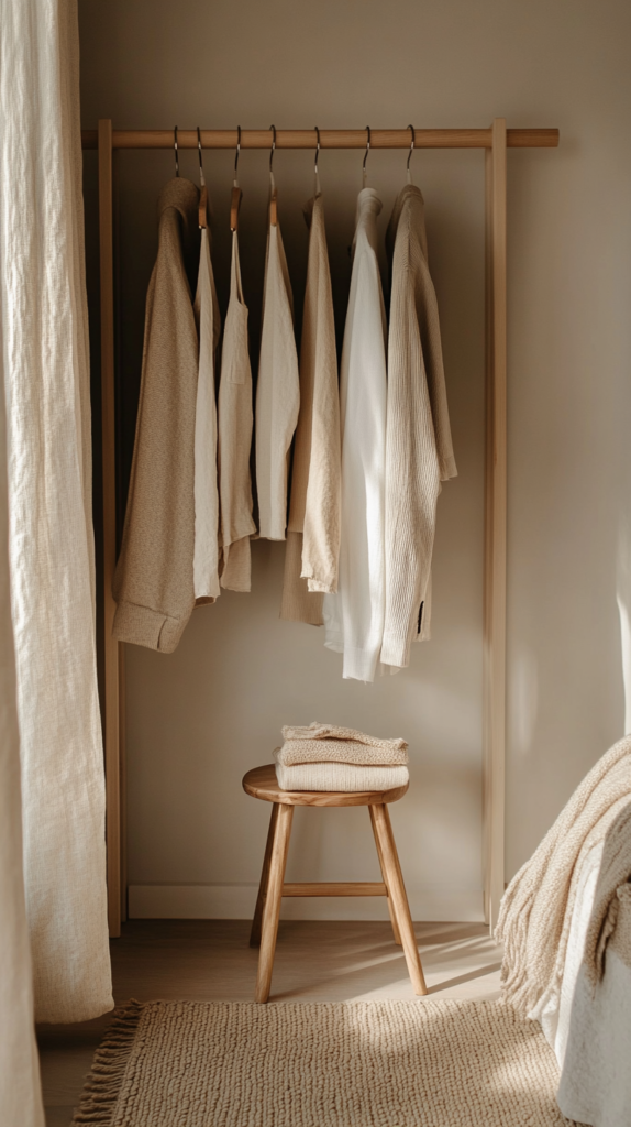 Minimalistisch eingerichteter Kleiderschrank mit wenigen, bewusst ausgewählten Kleidungsstücken.