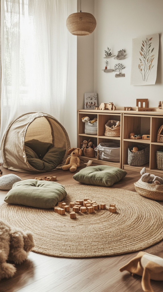 Gemeinsamer Spielbereich mit rundem Teppich, Spielküche, zwei Bodenkissen und offenem Regal mit Holzspielzeug.