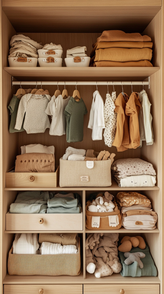 Geöffneter Zwillingskleiderschrank mit beschrifteten Stoffboxen und farblich sortierter Kleidung.