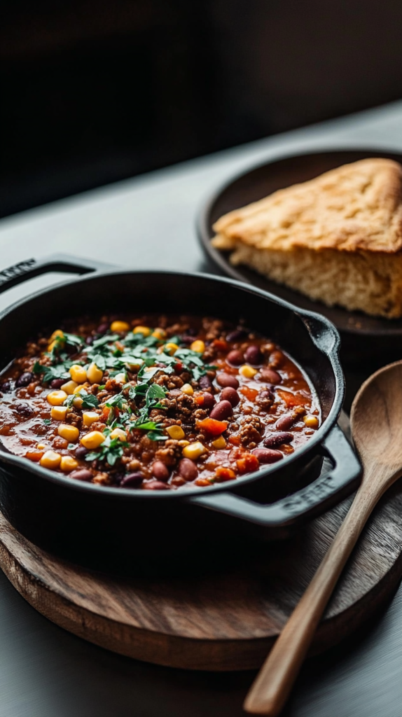Würziges One Pot Chili mit Rinderhack, Bohnen & Mais im Gusseisentopf, daneben Maisbrot & Servierlöffel.