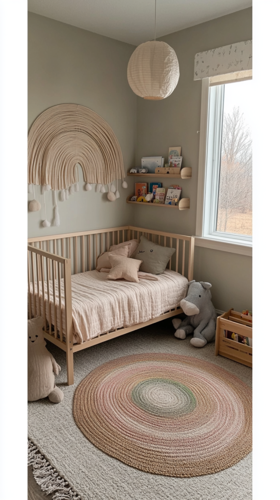 Kinderzimmer mit abgestimmter Farbpalette in Sand, Creme und Salbei, mit Kissen & Teppich