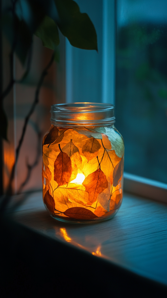 Windlicht aus Altglas mit gepressten Blättern – stimmungsvoll & selbstgemacht.
