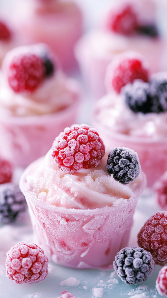 Kleine Joghurt-Beeren-Häppchen – tiefgefroren & sommerlich.